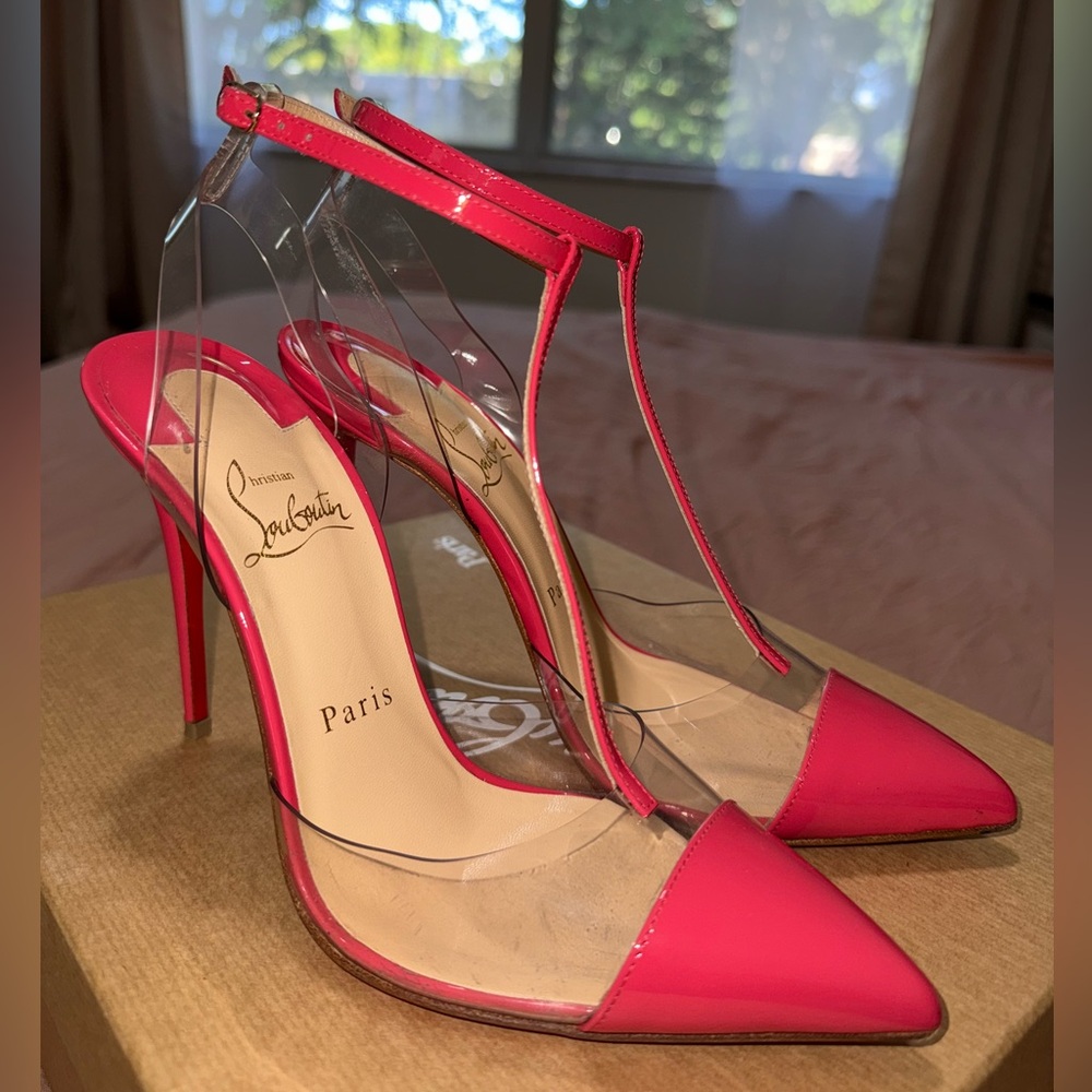Christian Louboutin Nosy 100 Pink Patent Leather PVC Ankle Strap
